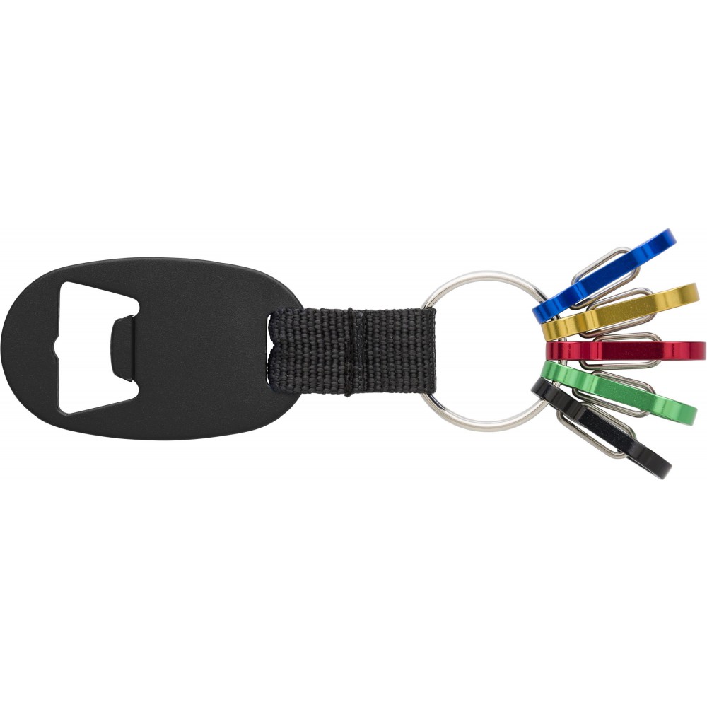 Printed Aluminium key holder with bottle opener and carabiners, black