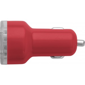 Plastic car power adapter with two USB ports, red