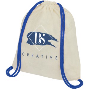 Oregon 100 g/m2 cotton drawstring backpack with coloured cords, Natural, Royal blue (Backpacks)