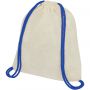 Oregon 100 g/m2 cotton drawstring backpack with coloured cords, Natural, Royal blue