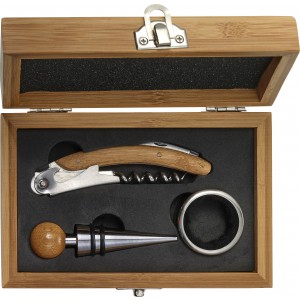 Stainless steel and bamboo wine set Leonie, brown