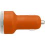 Plastic car power adapter with two USB ports, orange