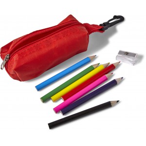 Eight pencils, pencil sharpener and pouch, red (Drawing set)
