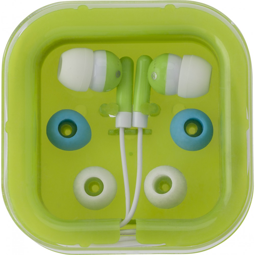Printed Earphones with two spare sets of buds, lime (Earphones, headphones)