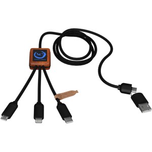 SCX.design C38 3-in-1 rPET light-up logo charging cable with squared wooden casing, Blue, Wood (Eletronics cables, adapters)