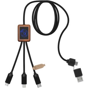 SCX.design C38 3-in-1 rPET light-up logo charging cable with squared wooden casing, Blue, Wood (Eletronics cables, adapters)