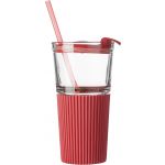 Glass drinking mug with matching straw (500ml), red (7486-08)