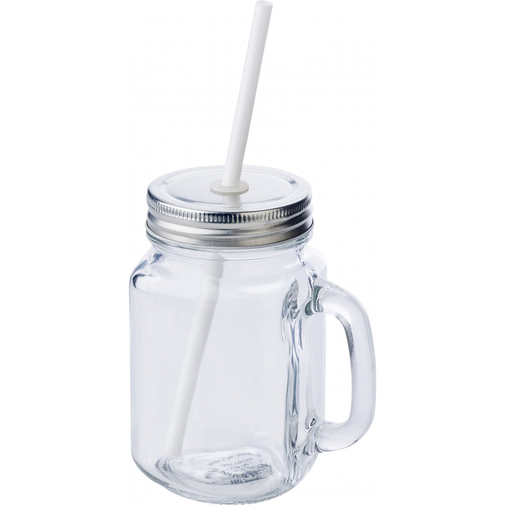 Printed Glass mason drinking jar with handle (480ml), neutral (Mugs)