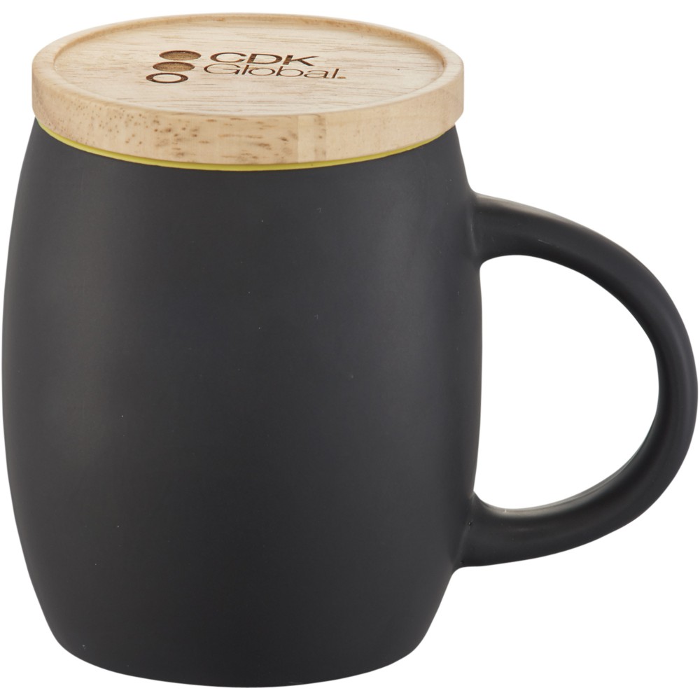Printed Hearth 400 ml ceramic mug with wooden lid/coaster, solid black