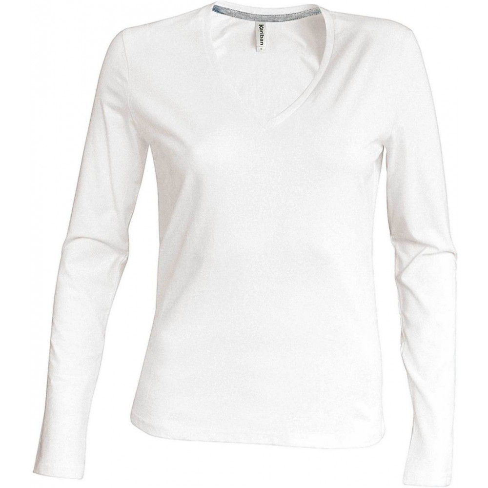 Kariban Ladies Long Sleeve V Neck T Shirt White S Long Sleeve T