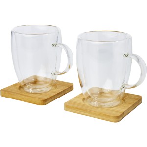 Manti 2-piece 350 ml double-wall glass cup with bamboo coaster, Transparent, Natural (Mugs)