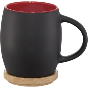 Hearth 400 ml ceramic mug with wooden lid/coaster, solid black,Red (Mugs)
