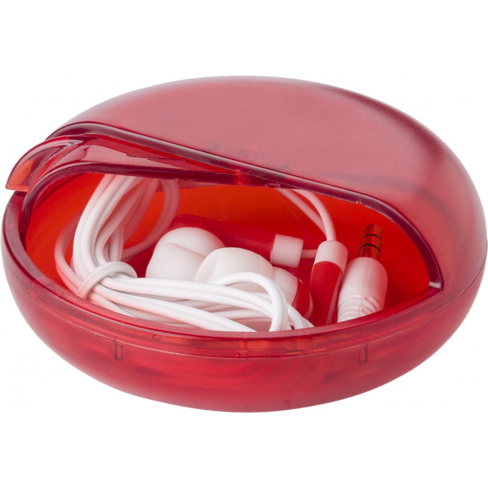 Printed Pair of coloured earphones in a round plastic case, red (Earphones, headphones)