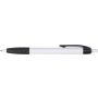 Plastic ballpen with a black clip and rubber grip, white