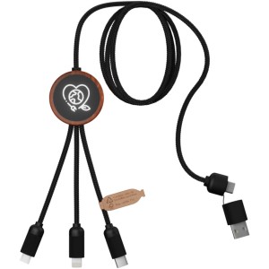 SCX.design C37 3-in-1 rPET light-up logo charging cable with round wooden casing, Wood (Eletronics cables, adapters)