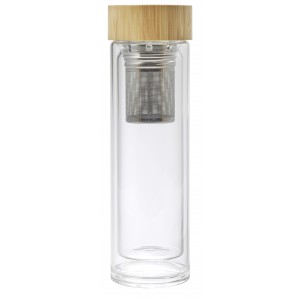 Bamboo and glass double walled bottle Vicente, brown (Water bottles)